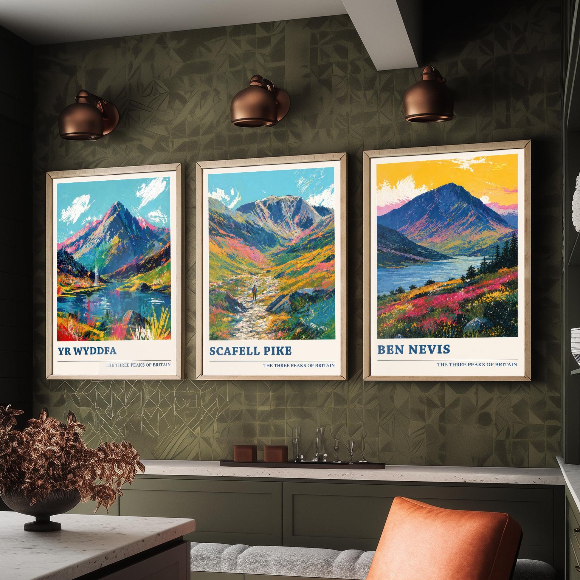 Set of Three National Three Peaks Travel Posters - Yr Wyddfa, Scafell Pike, Ben Nevis - Vibrant Art Print Painting Gift V4