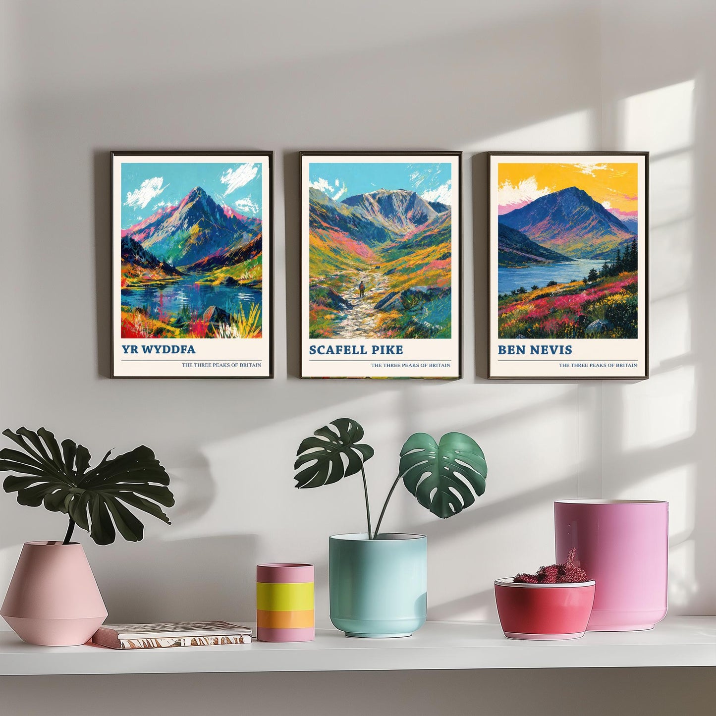 Set of Three National Three Peaks Travel Posters - Yr Wyddfa, Scafell Pike, Ben Nevis - Vibrant Art Print Painting Gift V4