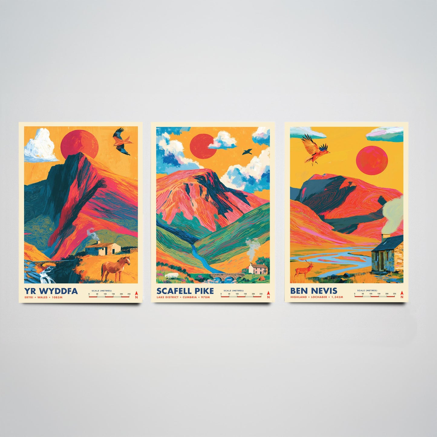 Britain's Highest Peaks Set of Three Travel Posters - Yr Wyddfa, Scafell Pike, Ben Nevis - Vibrant Art Print Illustration Gift