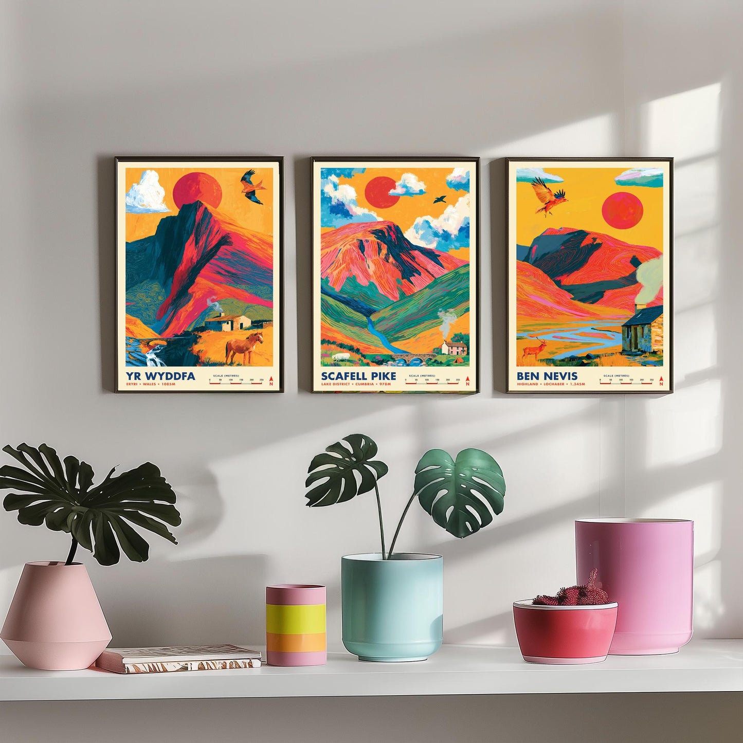 Britain's Highest Peaks Set of Three Travel Posters - Yr Wyddfa, Scafell Pike, Ben Nevis - Vibrant Art Print Illustration Gift