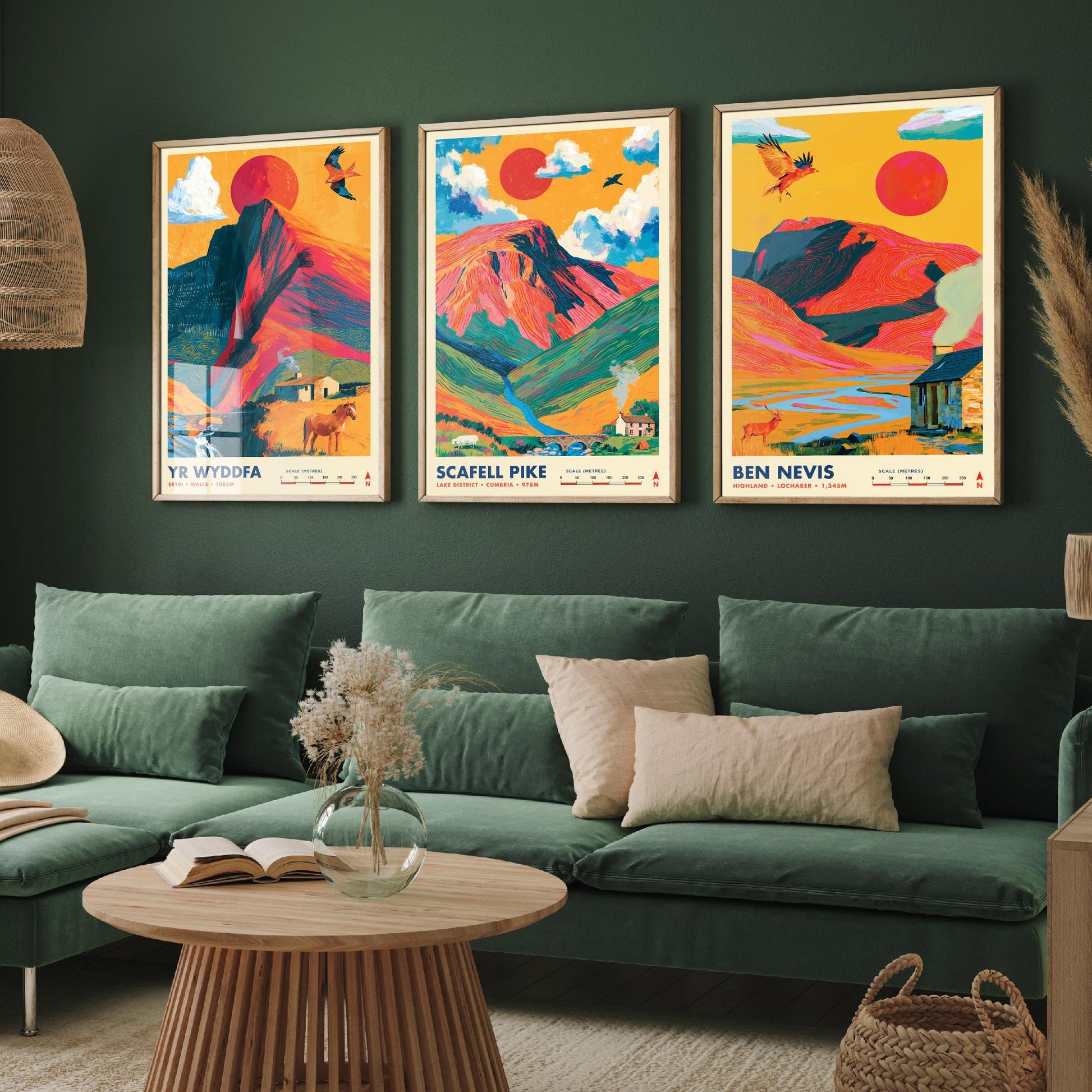 Britain's Highest Peaks Set of Three Travel Posters - Yr Wyddfa, Scafell Pike, Ben Nevis - Vibrant Art Print Illustration Gift