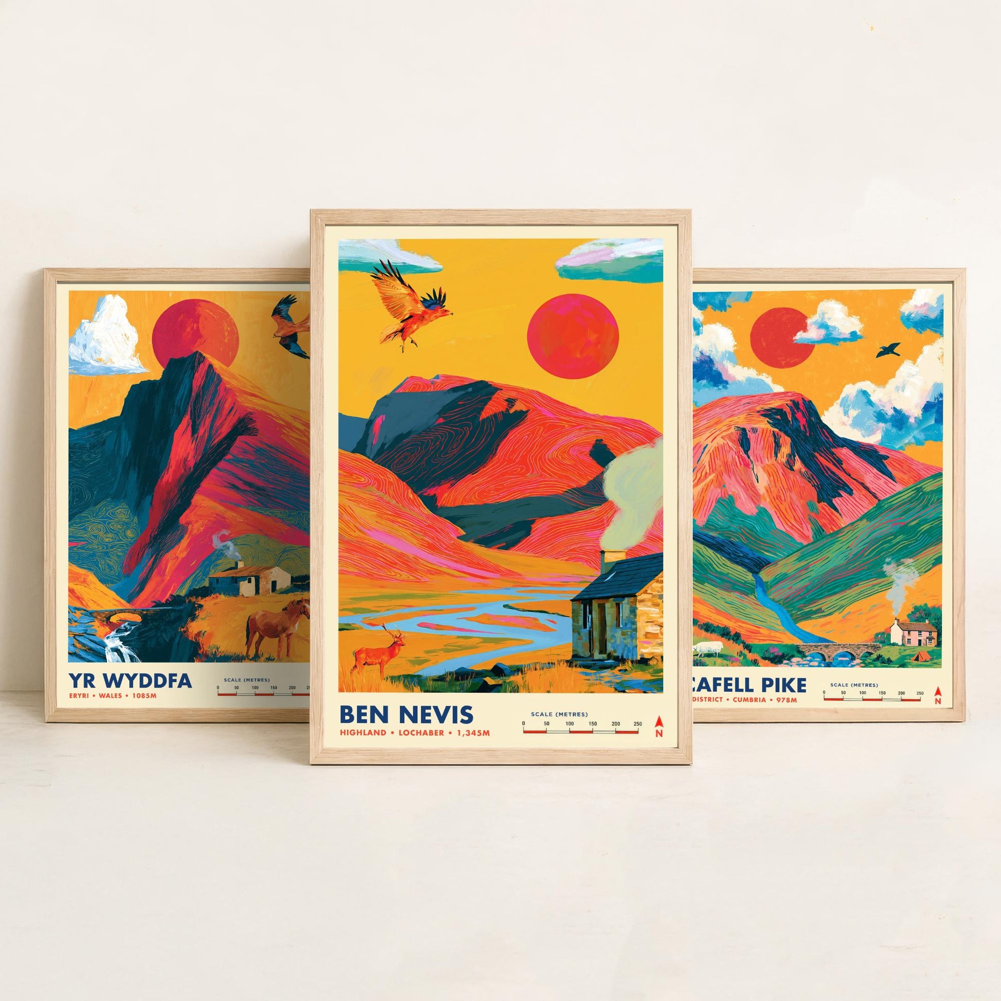 Britain's Highest Peaks Set of Three Travel Posters - Yr Wyddfa, Scafell Pike, Ben Nevis - Vibrant Art Print Illustration Gift