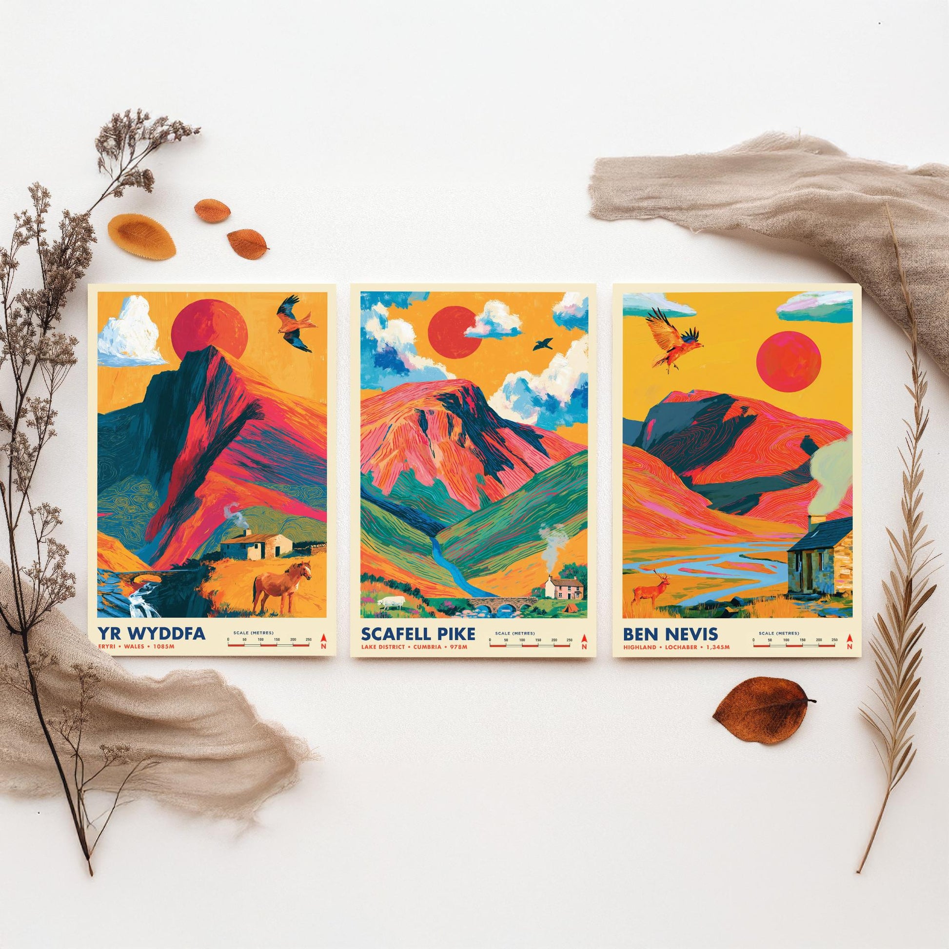 Britain's Highest Peaks Set of Three Travel Posters - Yr Wyddfa, Scafell Pike, Ben Nevis - Vibrant Art Print Illustration Gift