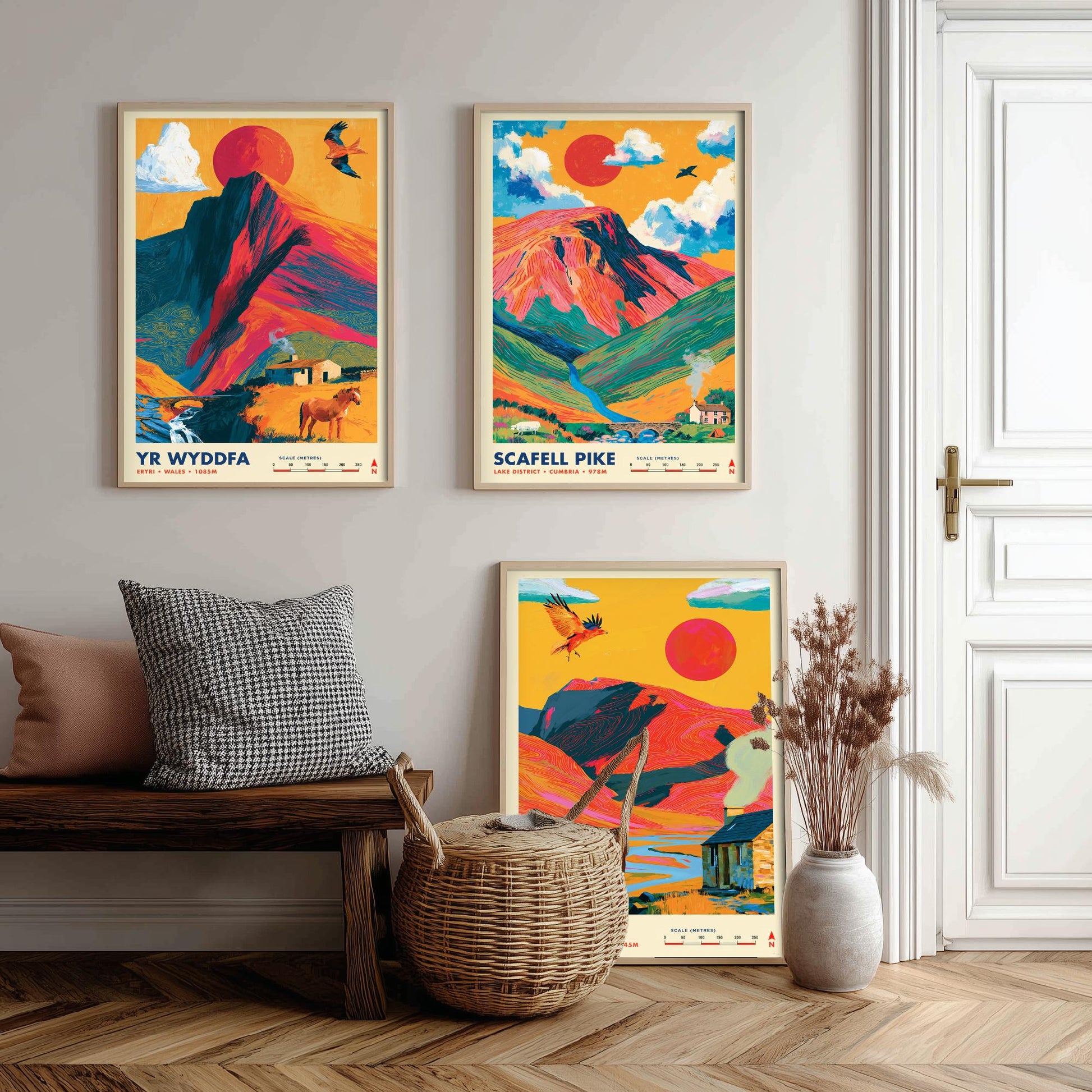 Britain's Highest Peaks Set of Three Travel Posters - Yr Wyddfa, Scafell Pike, Ben Nevis - Vibrant Art Print Illustration Gift