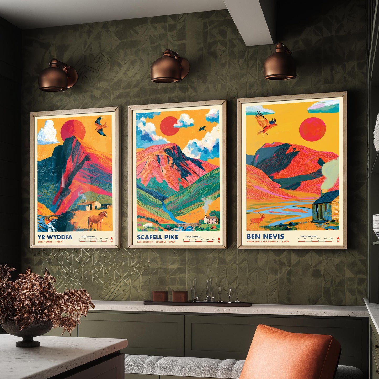 Britain's Highest Peaks Set of Three Travel Posters - Yr Wyddfa, Scafell Pike, Ben Nevis - Vibrant Art Print Illustration Gift