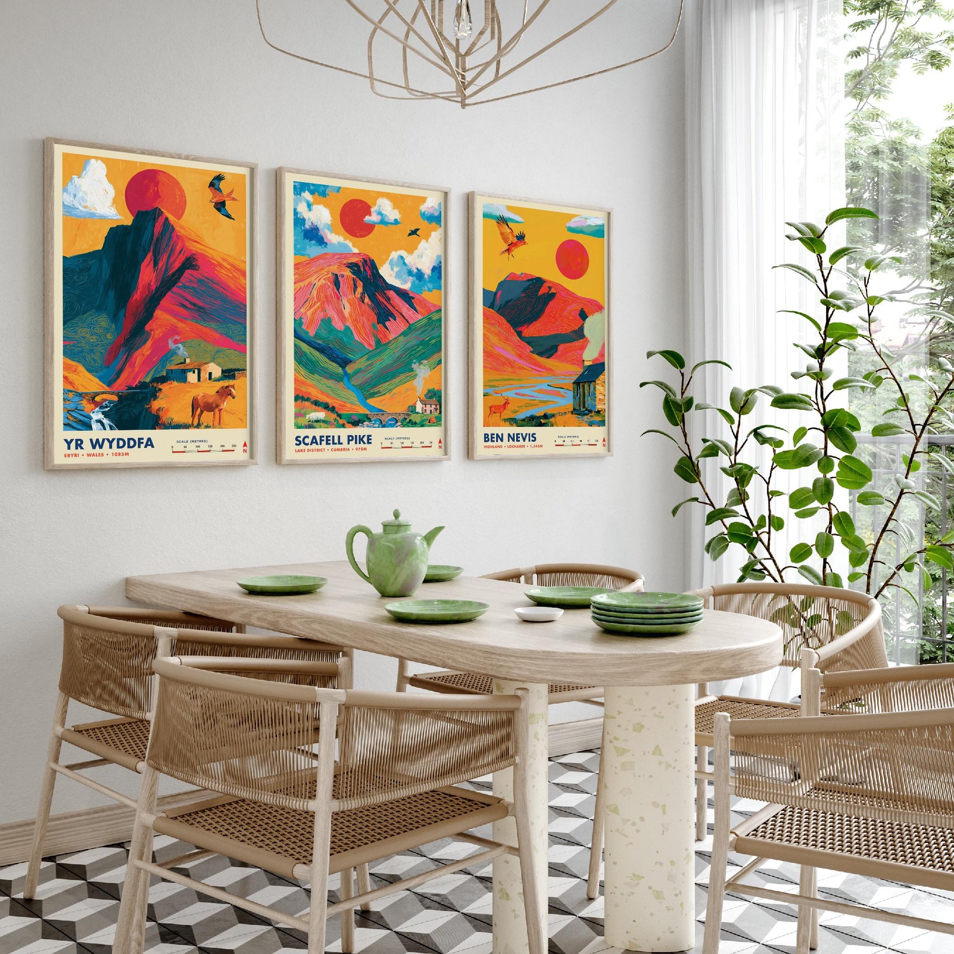 Britain's Highest Peaks Set of Three Travel Posters - Yr Wyddfa, Scafell Pike, Ben Nevis - Vibrant Art Print Illustration Gift