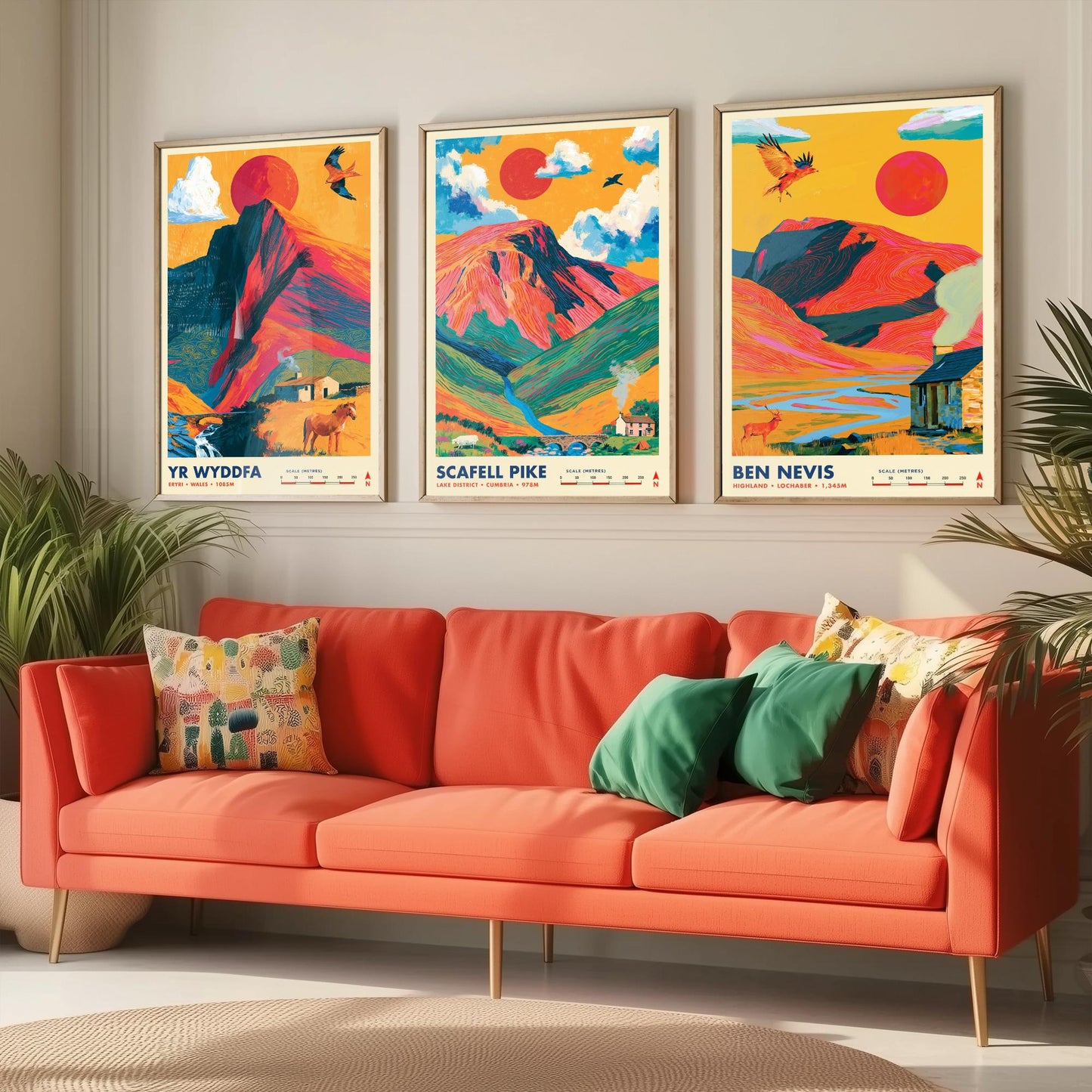Britain's Highest Peaks Set of Three Travel Posters - Yr Wyddfa, Scafell Pike, Ben Nevis - Vibrant Art Print Illustration Gift