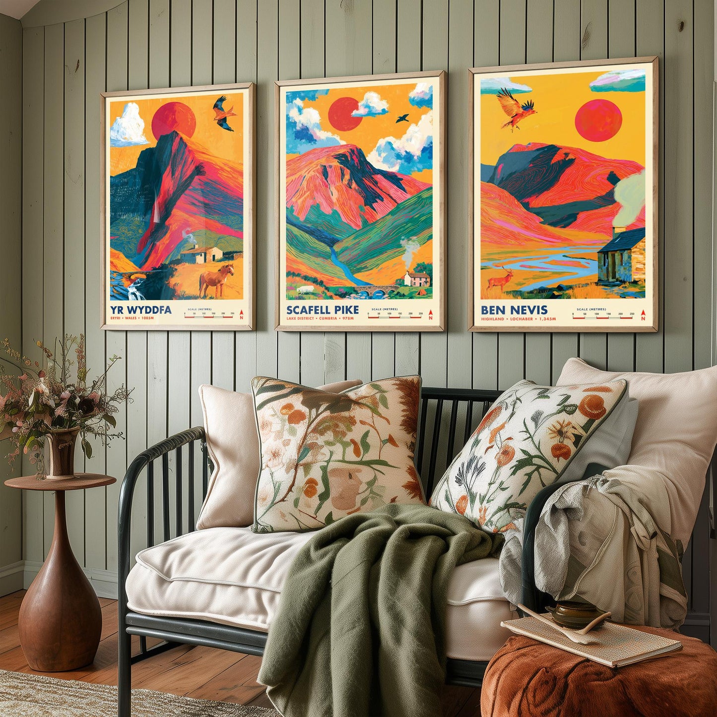 Britain's Highest Peaks Set of Three Travel Posters - Yr Wyddfa, Scafell Pike, Ben Nevis - Vibrant Art Print Illustration Gift