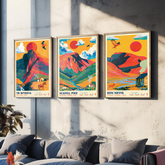 Britain's Highest Peaks Set of Three Travel Posters - Yr Wyddfa, Scafell Pike, Ben Nevis - Vibrant Art Print Illustration Gift