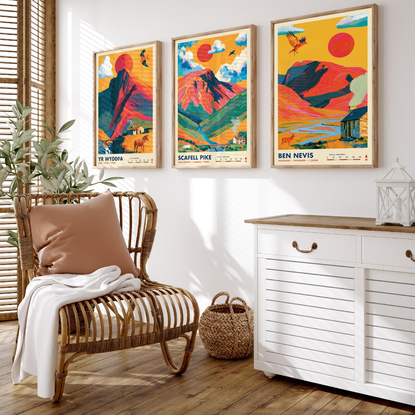 Britain's Highest Peaks Set of Three Travel Posters - Yr Wyddfa, Scafell Pike, Ben Nevis - Vibrant Art Print Illustration Gift