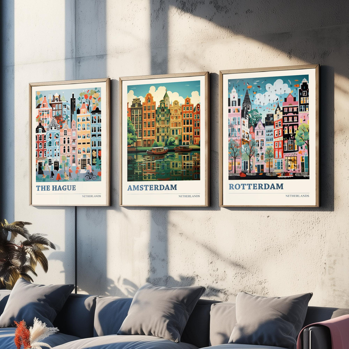 Netherlands Set of Three Art Prints - The Hague, Amsterdam, Rotterdam - Whimsical Dutch Canal House Travel Poster Illustration