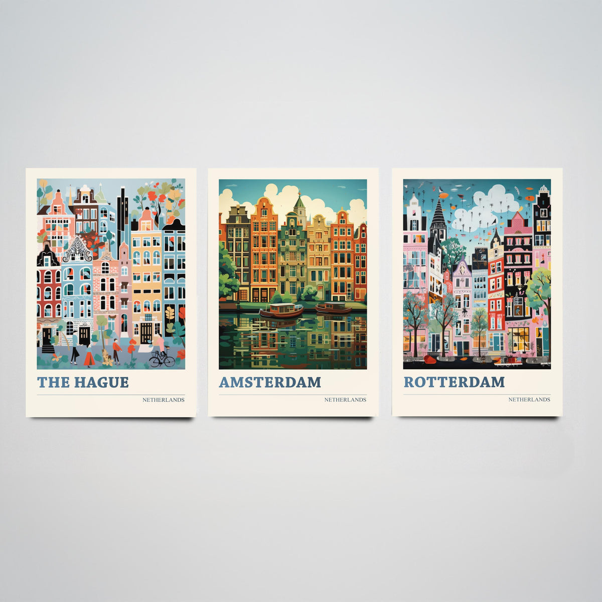 Netherlands Set of Three Art Prints - The Hague, Amsterdam, Rotterdam - Whimsical Dutch Canal House Travel Poster Illustration