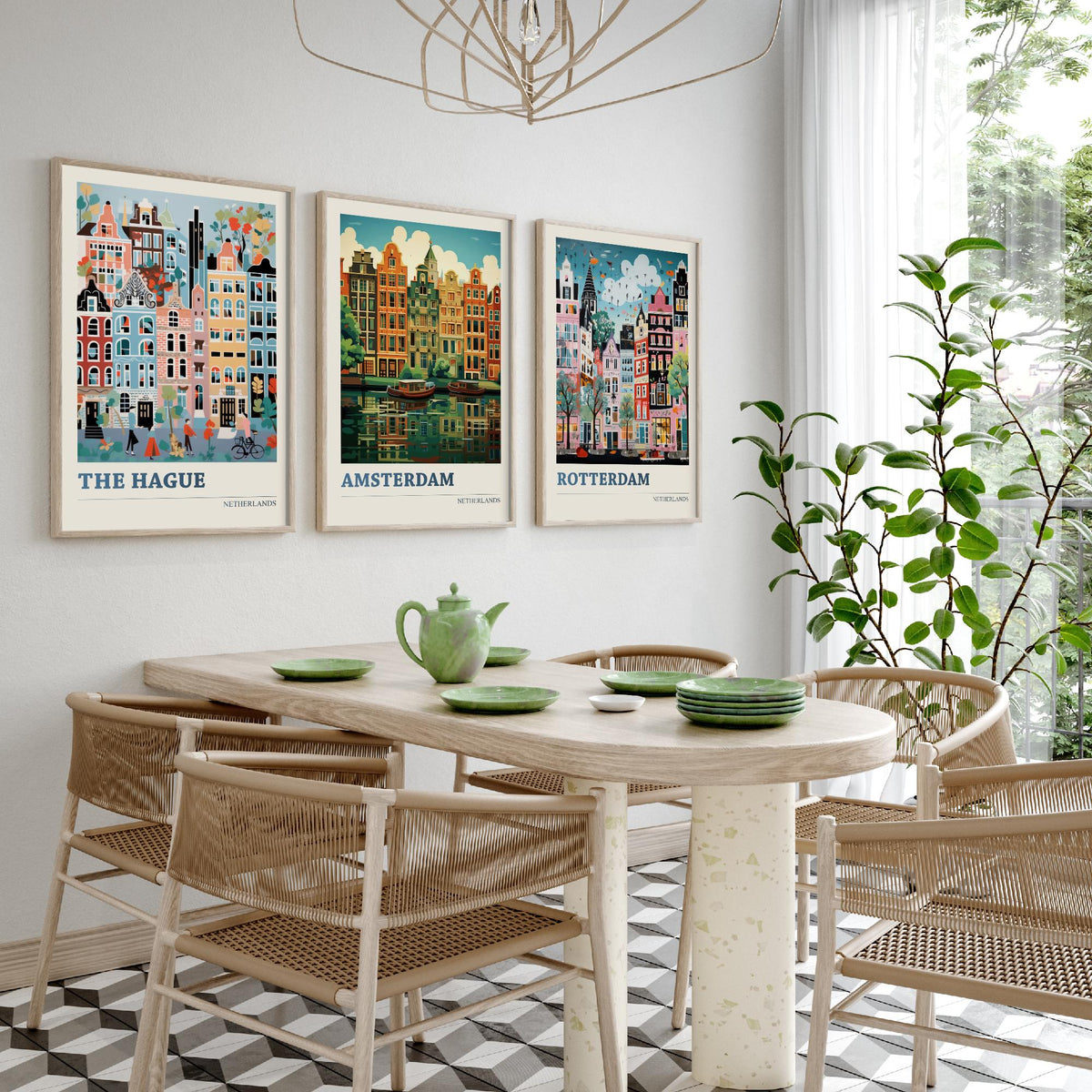 Netherlands Set of Three Art Prints - The Hague, Amsterdam, Rotterdam - Whimsical Dutch Canal House Travel Poster Illustration