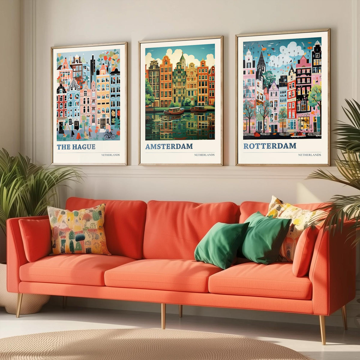 Netherlands Set of Three Art Prints - The Hague, Amsterdam, Rotterdam - Whimsical Dutch Canal House Travel Poster Illustration