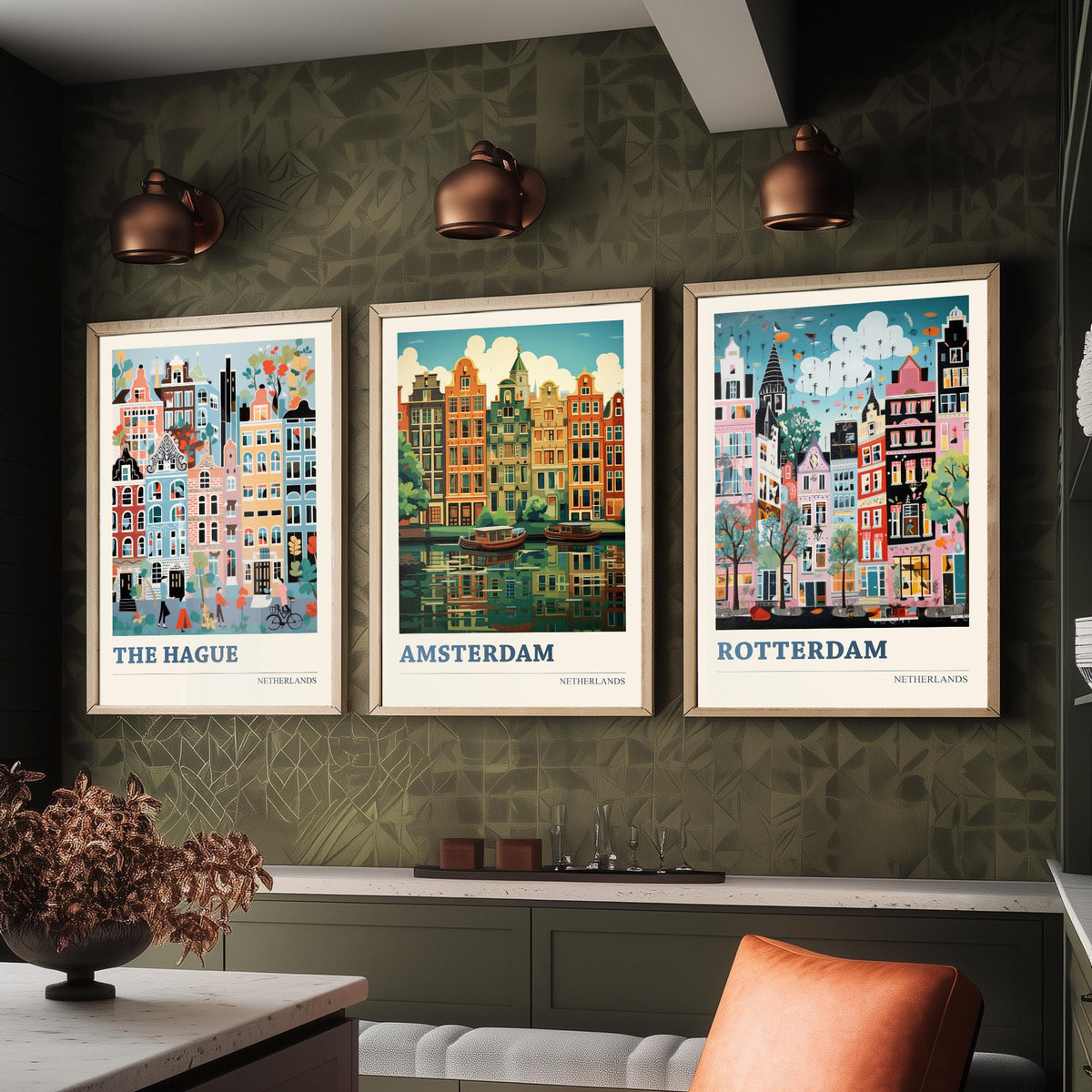 Netherlands Set of Three Art Prints - The Hague, Amsterdam, Rotterdam - Whimsical Dutch Canal House Travel Poster Illustration