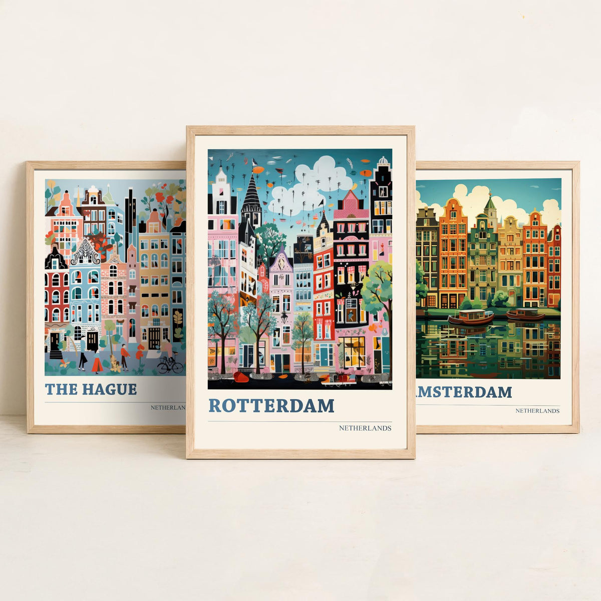 Netherlands Set of Three Art Prints - The Hague, Amsterdam, Rotterdam - Whimsical Dutch Canal House Travel Poster Illustration