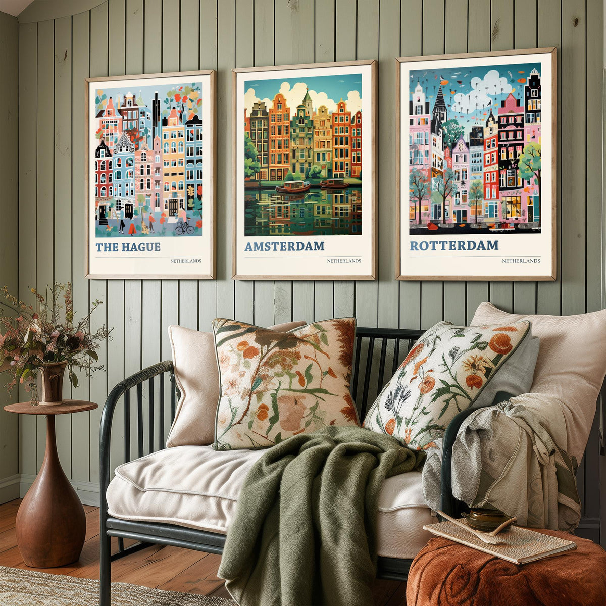 Netherlands Set of Three Art Prints - The Hague, Amsterdam, Rotterdam - Whimsical Dutch Canal House Travel Poster Illustration