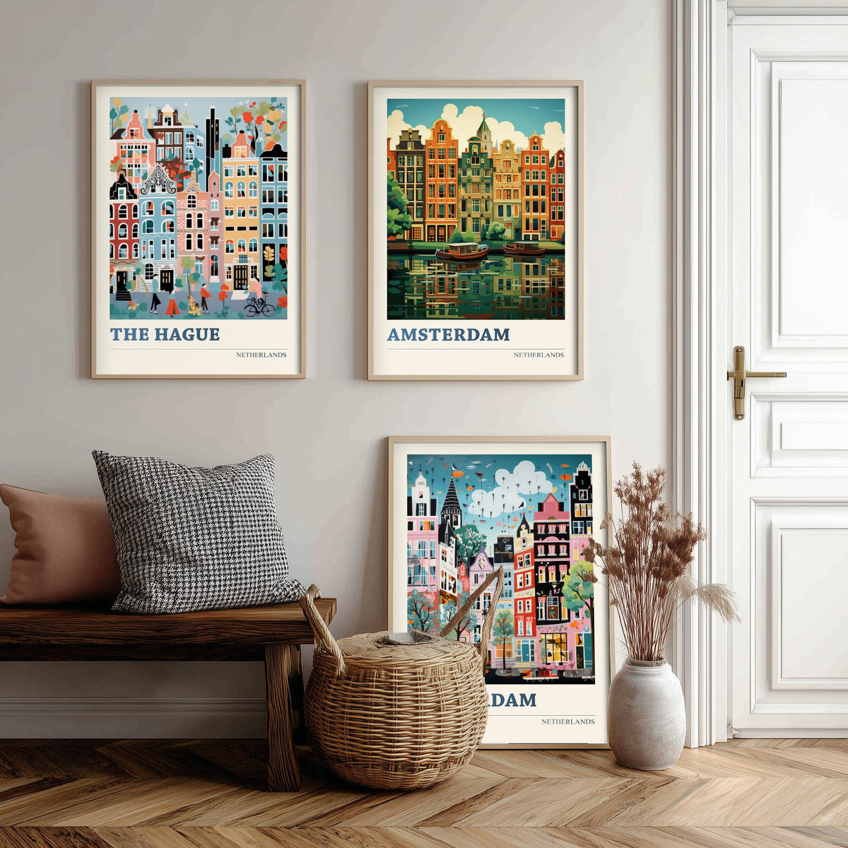 Netherlands Set of Three Art Prints - The Hague, Amsterdam, Rotterdam - Whimsical Dutch Canal House Travel Poster Illustration