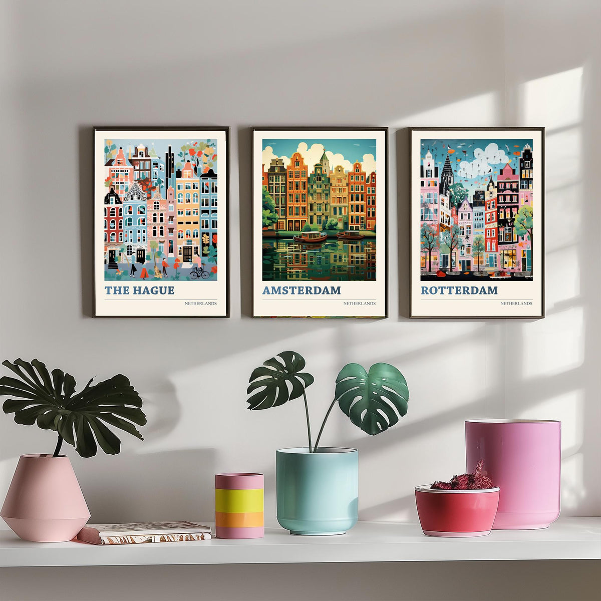 Netherlands Set of Three Art Prints - The Hague, Amsterdam, Rotterdam - Whimsical Dutch Canal House Travel Poster Illustration