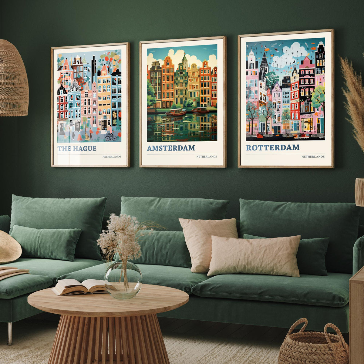 Netherlands Set of Three Art Prints - The Hague, Amsterdam, Rotterdam - Whimsical Dutch Canal House Travel Poster Illustration