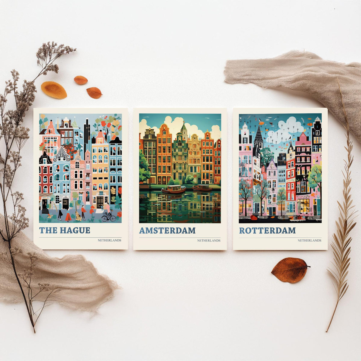 Netherlands Set of Three Art Prints - The Hague, Amsterdam, Rotterdam - Whimsical Dutch Canal House Travel Poster Illustration