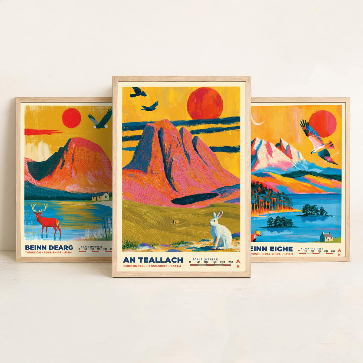 The Northwest Highlands Set of Three Art Prints, Beinn Dearg Beinn Eighe and An Teallach Poster Illustration