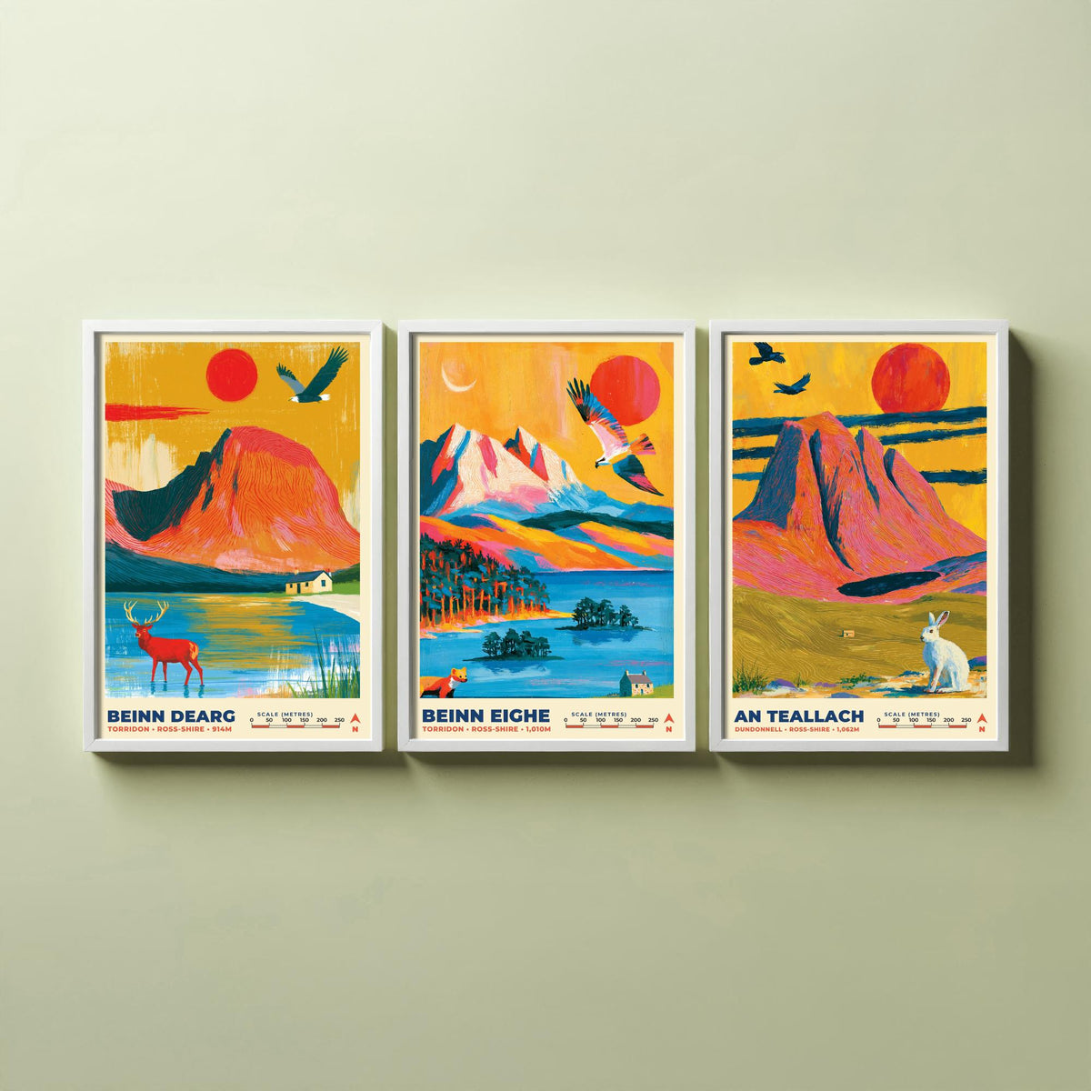 The Northwest Highlands Set of Three Art Prints, Beinn Dearg Beinn Eighe and An Teallach Poster Illustration