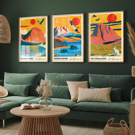 The Northwest Highlands Set of Three Art Prints, Beinn Dearg Beinn Eighe and An Teallach Poster Illustration