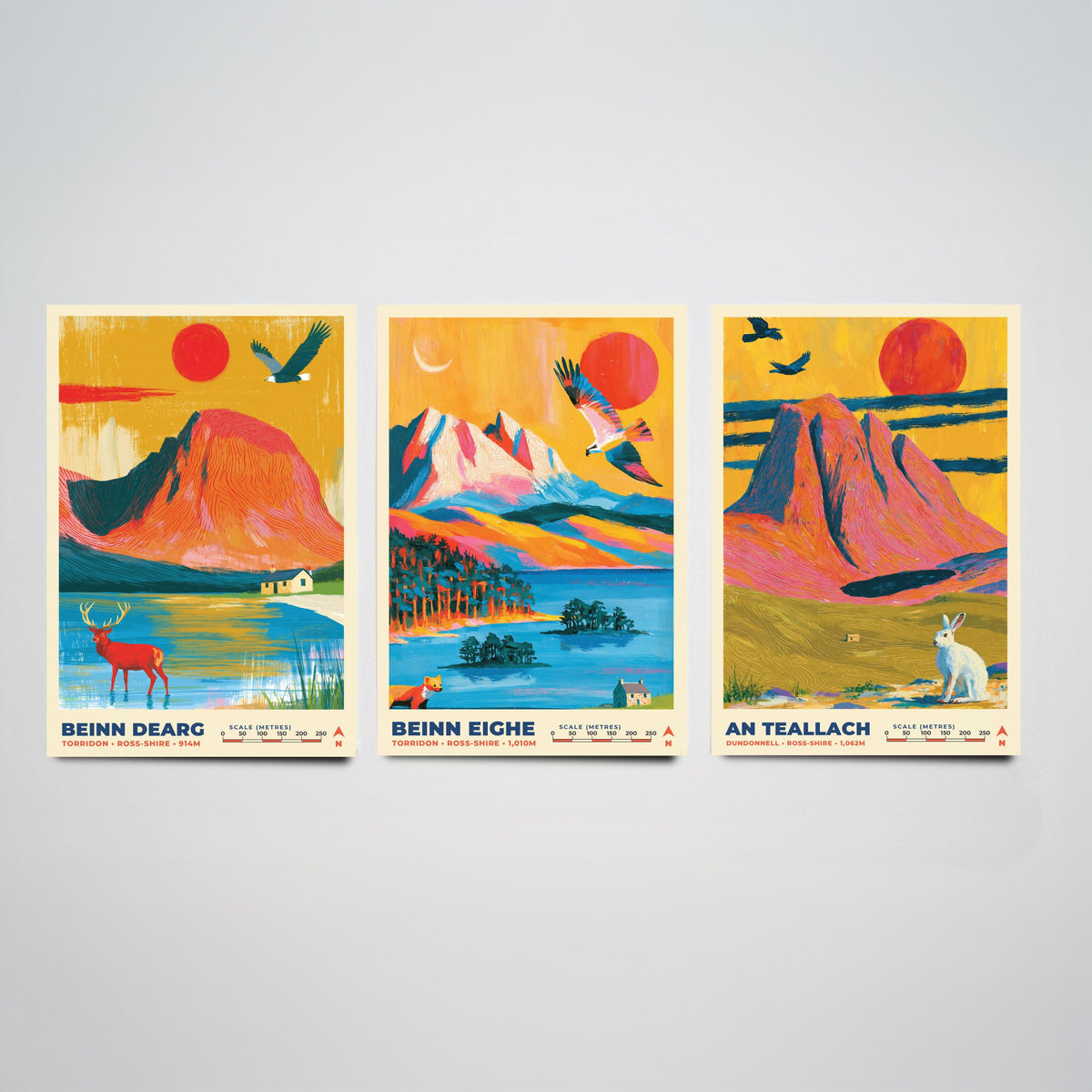 The Northwest Highlands Set of Three Art Prints, Beinn Dearg Beinn Eighe and An Teallach Poster Illustration