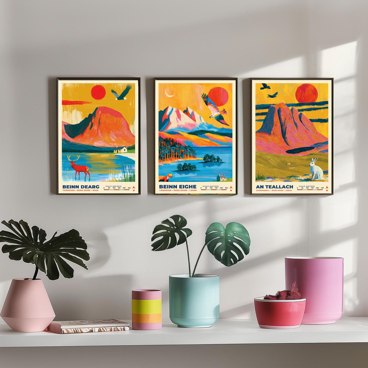 The Northwest Highlands Set of Three Art Prints, Beinn Dearg Beinn Eighe and An Teallach Poster Illustration