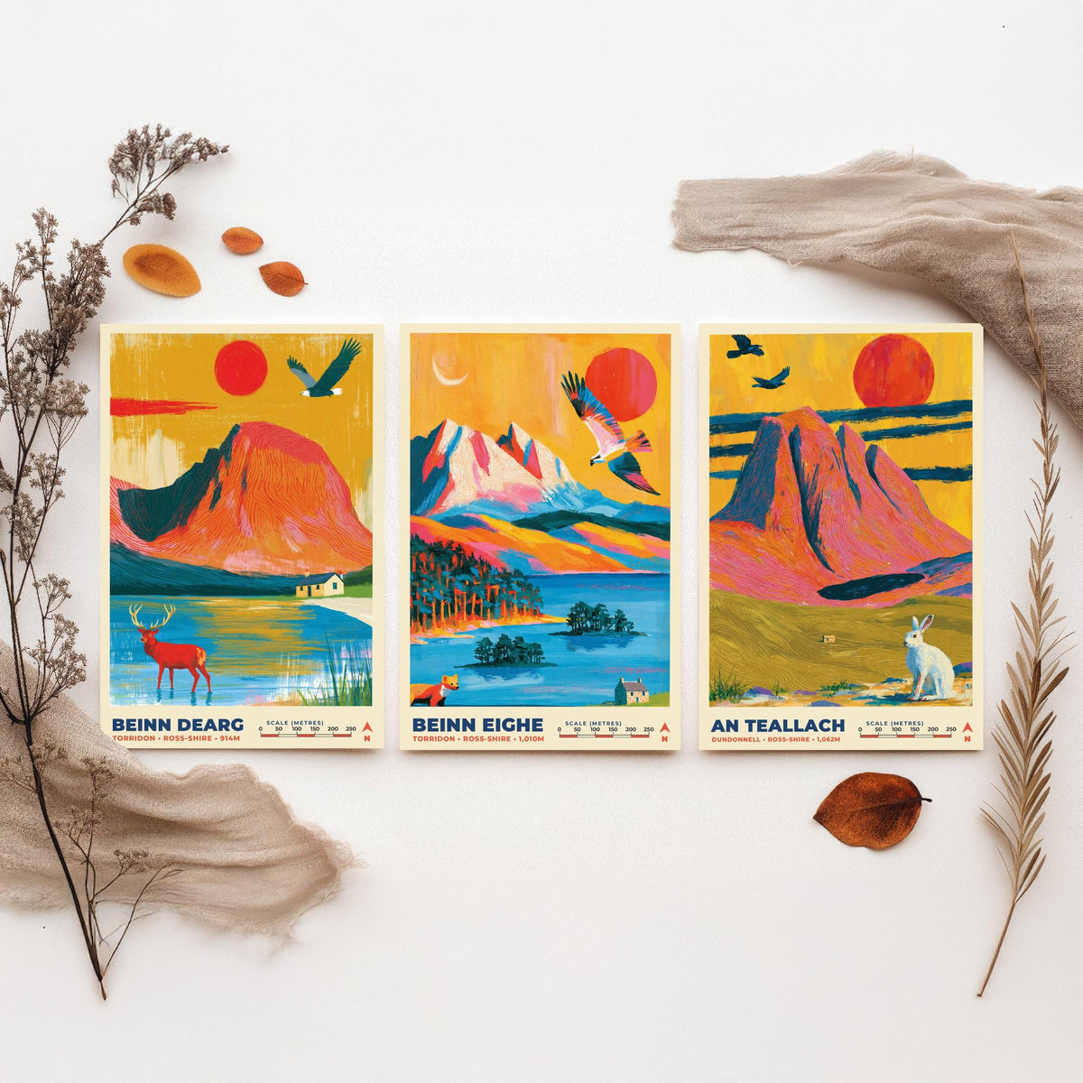 The Northwest Highlands Set of Three Art Prints, Beinn Dearg Beinn Eighe and An Teallach Poster Illustration