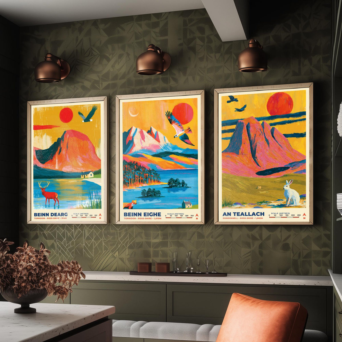 The Northwest Highlands Set of Three Art Prints, Beinn Dearg Beinn Eighe and An Teallach Poster Illustration