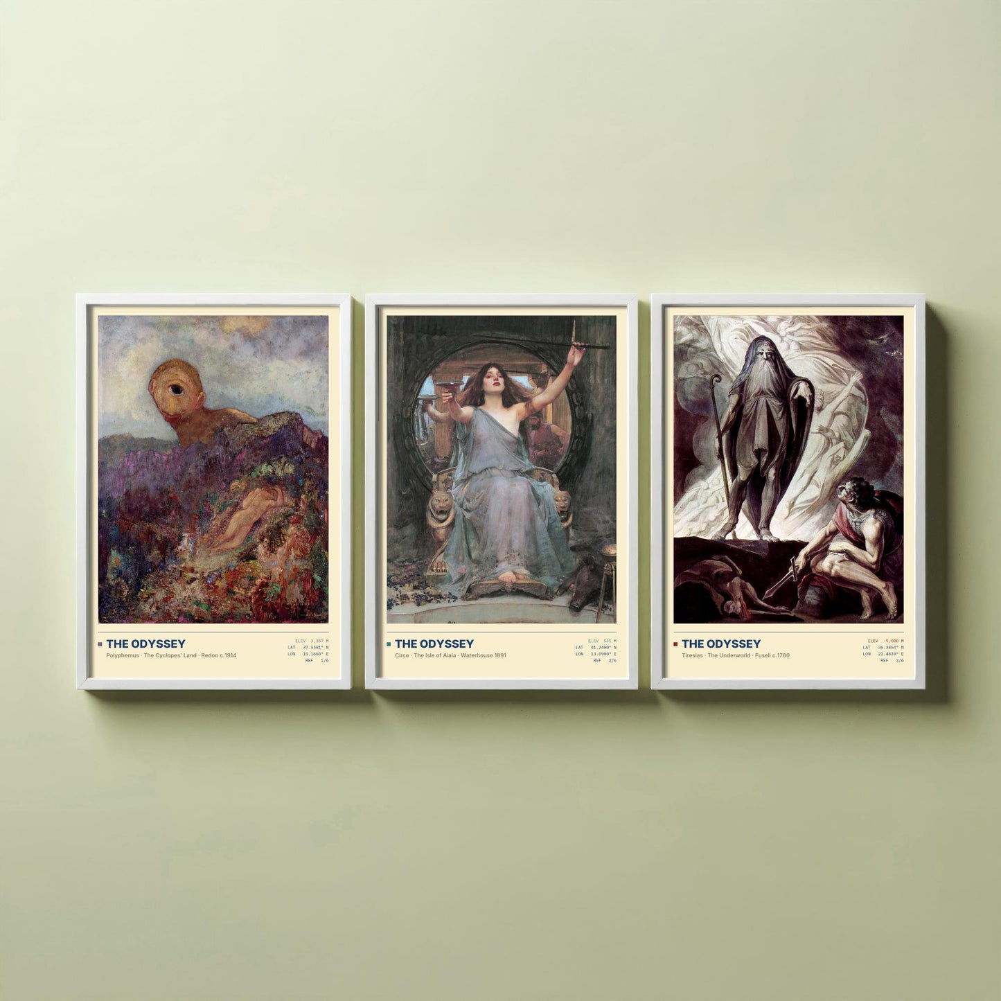 The Odyssey Set of Three Art Prints - Cyclops, Circe, Tiresias - Redon Waterhouse Fuseli Gallery Posters - Greek Mythology Paintings