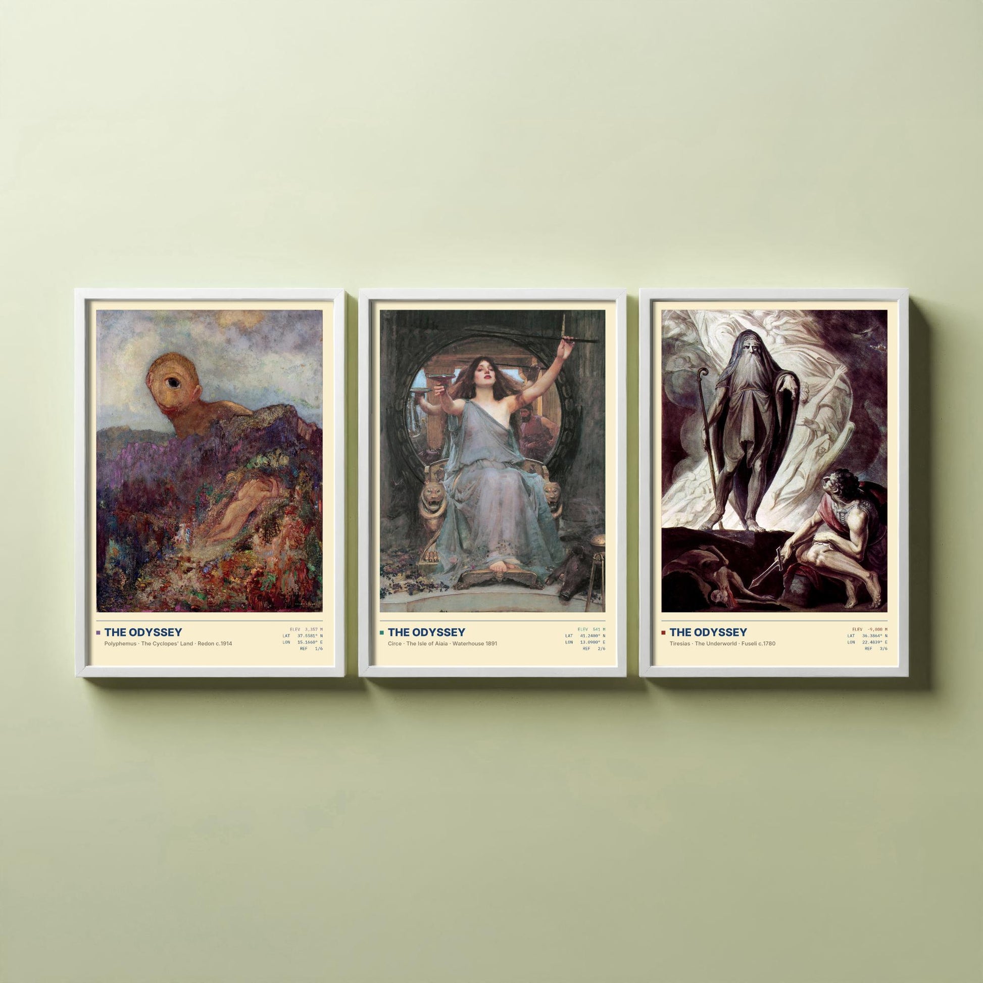 The Odyssey Set of Three Art Prints - Cyclops, Circe, Tiresias - Redon Waterhouse Fuseli Gallery Posters - Greek Mythology Paintings