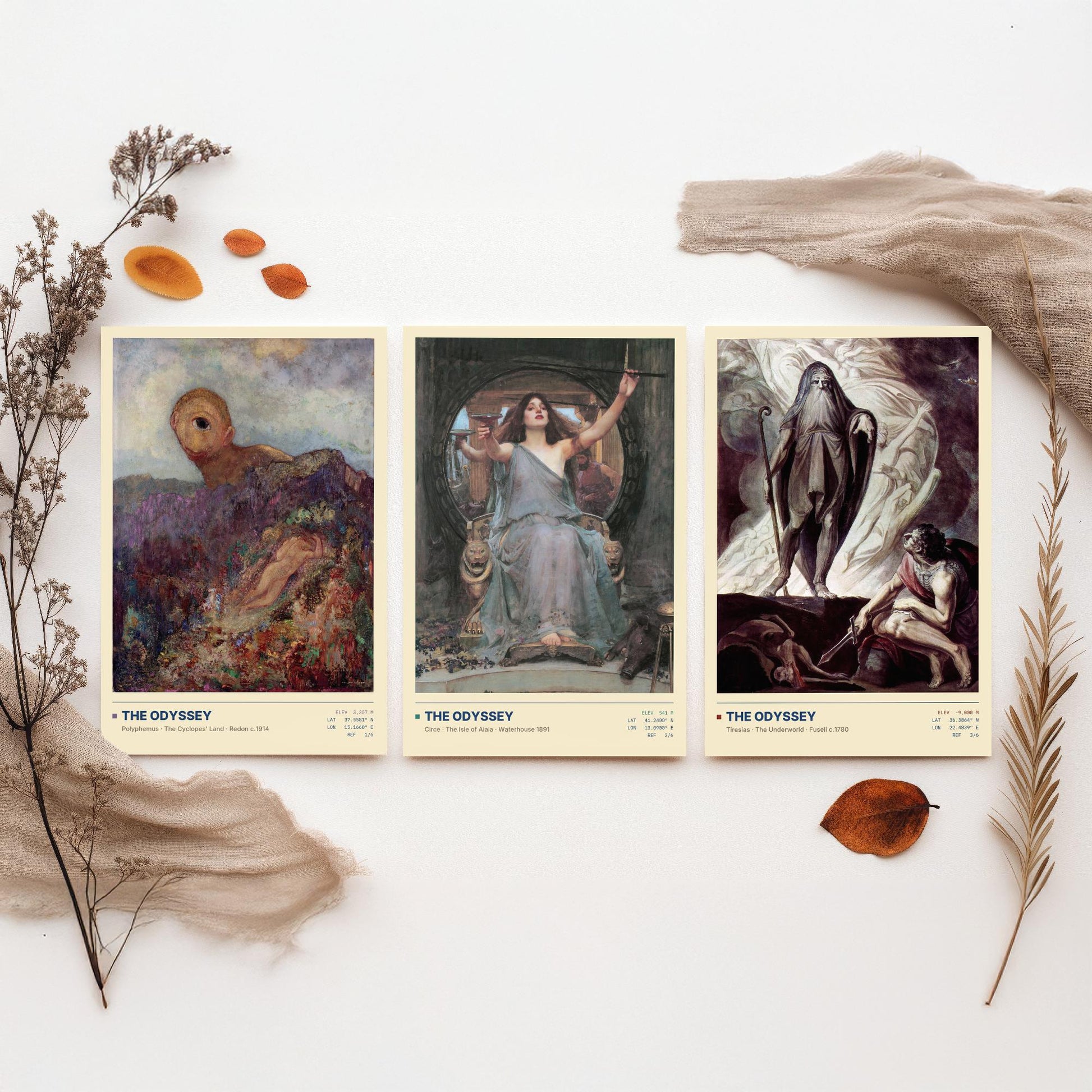 The Odyssey Set of Three Art Prints - Cyclops, Circe, Tiresias - Redon Waterhouse Fuseli Gallery Posters - Greek Mythology Paintings