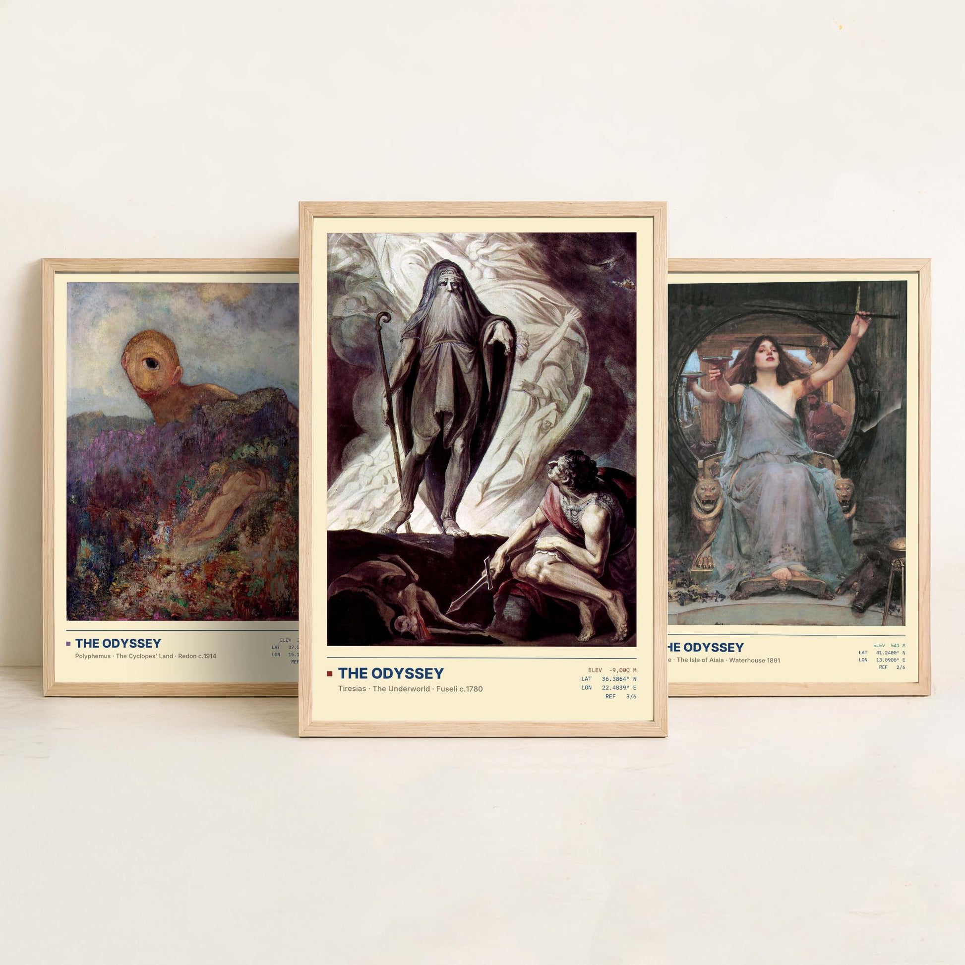 The Odyssey Set of Three Art Prints - Cyclops, Circe, Tiresias - Redon Waterhouse Fuseli Gallery Posters - Greek Mythology Paintings