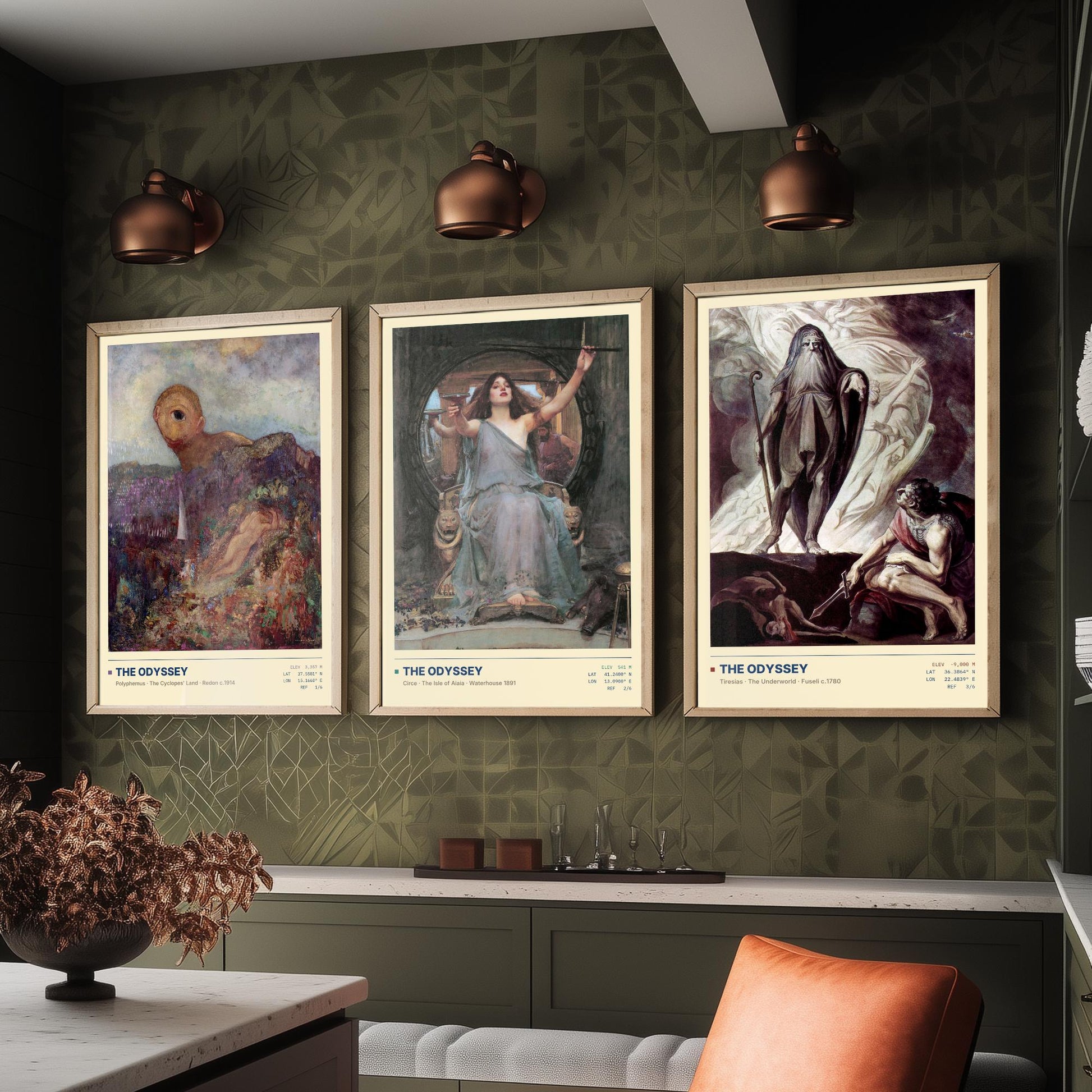 The Odyssey Set of Three Art Prints - Cyclops, Circe, Tiresias - Redon Waterhouse Fuseli Gallery Posters - Greek Mythology Paintings