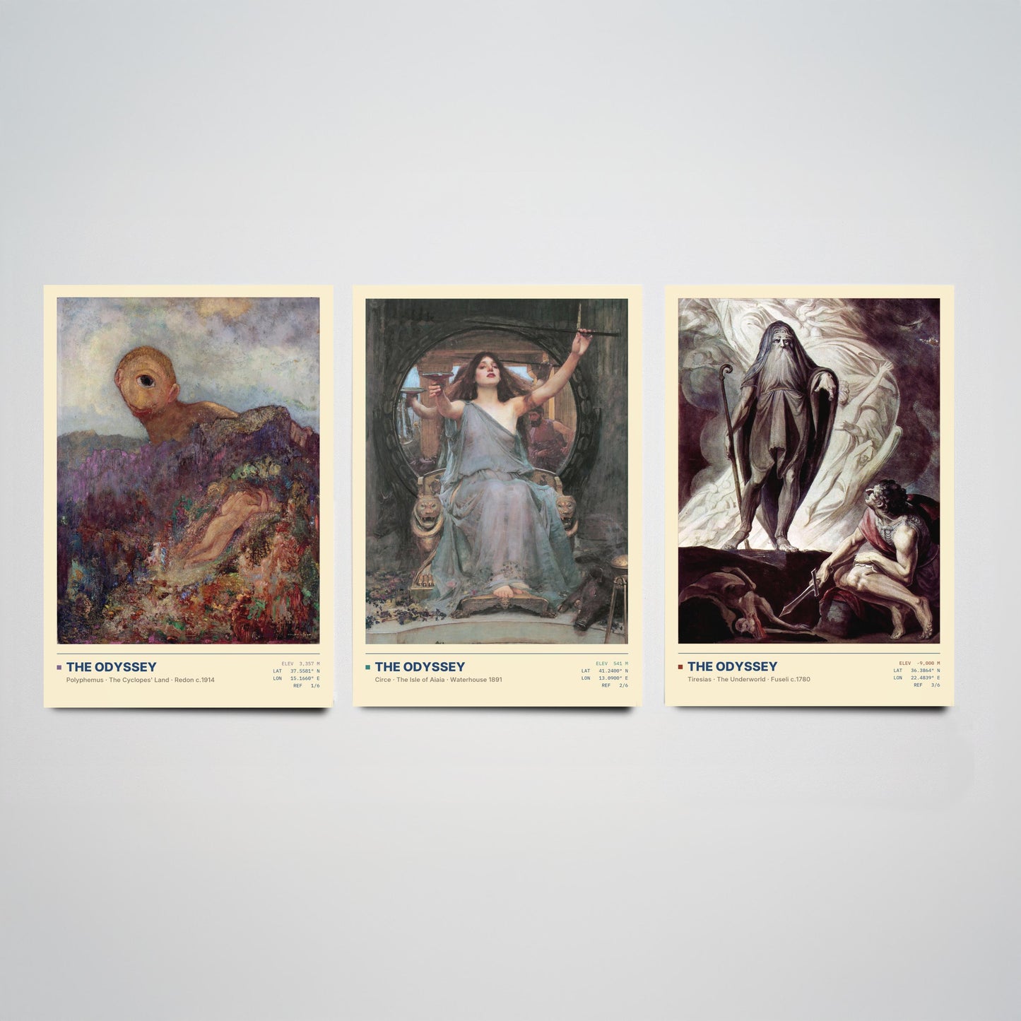 The Odyssey Set of Three Art Prints - Cyclops, Circe, Tiresias - Redon Waterhouse Fuseli Gallery Posters - Greek Mythology Paintings