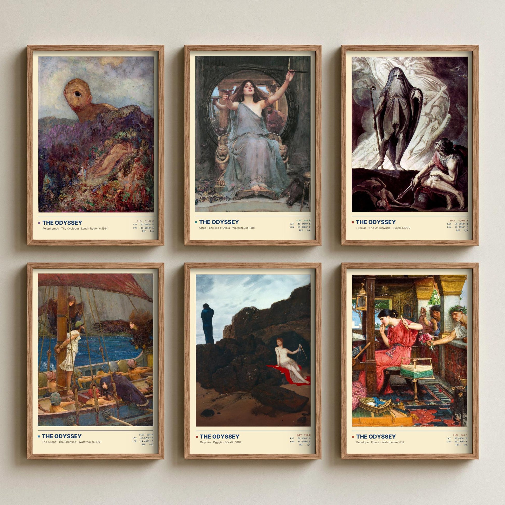 Set of Six The Odyssey Paintings - 6 Greek Mythology Art Prints - Waterhouse, Bocklin, Fuseli, Redon - Cyclops Circe Sirens Poster Set