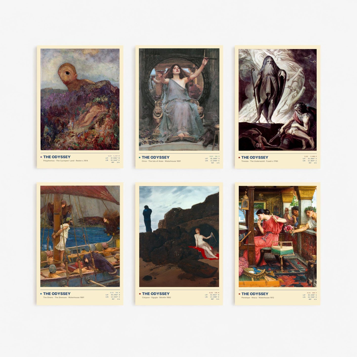 Set of Six The Odyssey Paintings - 6 Greek Mythology Art Prints - Waterhouse, Bocklin, Fuseli, Redon - Cyclops Circe Sirens Poster Set