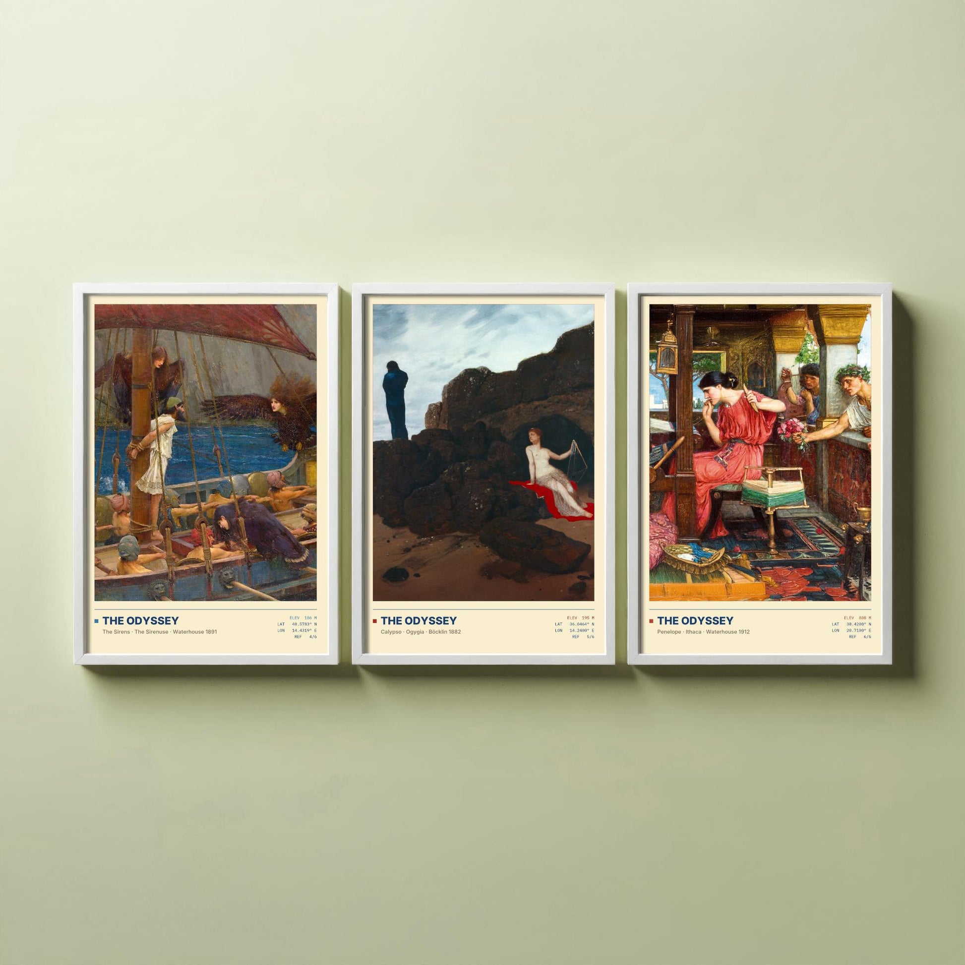 The Odyssey Set of Three Art Prints - Sirens, Calypso, Penelope - Waterhouse and Bocklin Gallery Posters - Greek Mythology Paintings