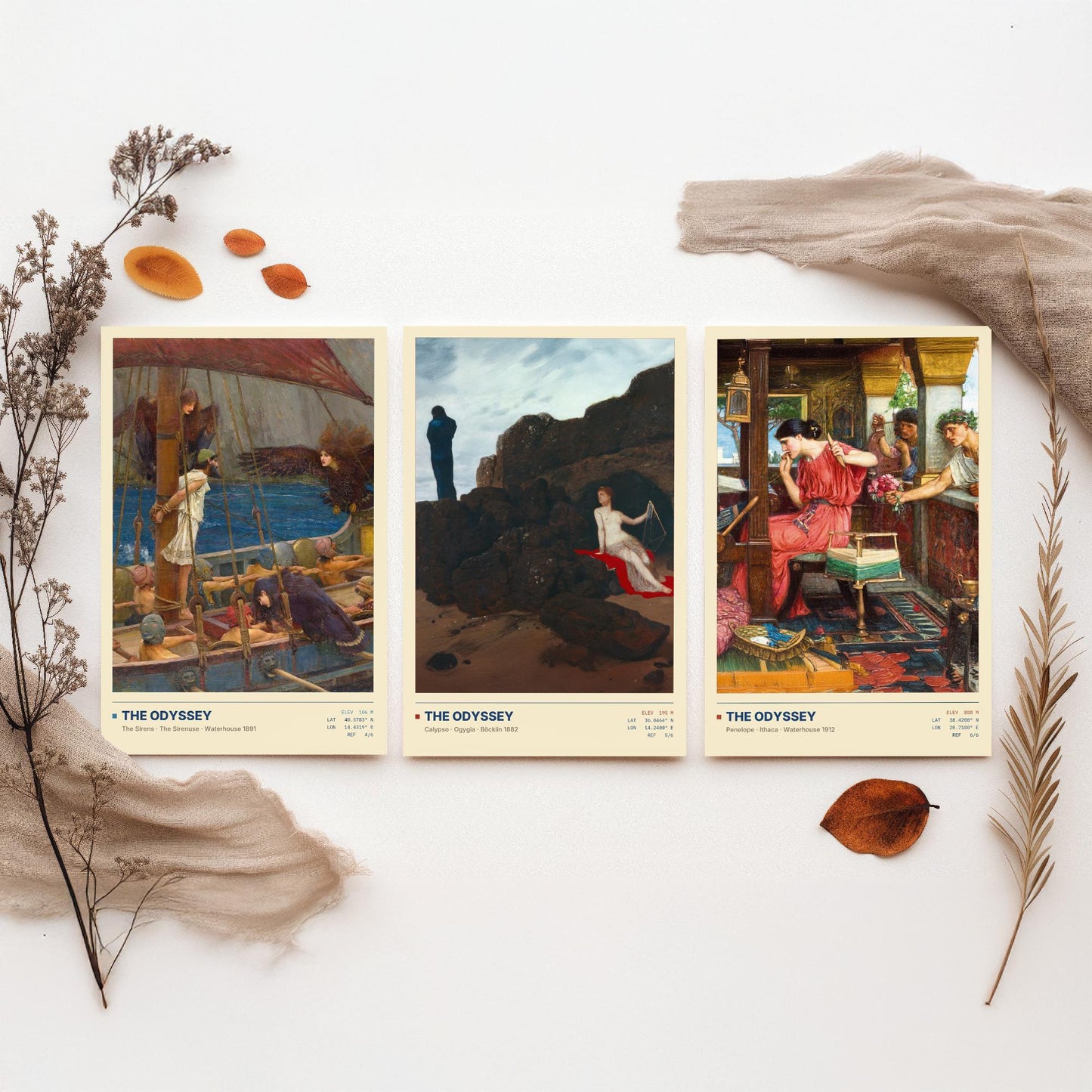 The Odyssey Set of Three Art Prints - Sirens, Calypso, Penelope - Waterhouse and Bocklin Gallery Posters - Greek Mythology Paintings