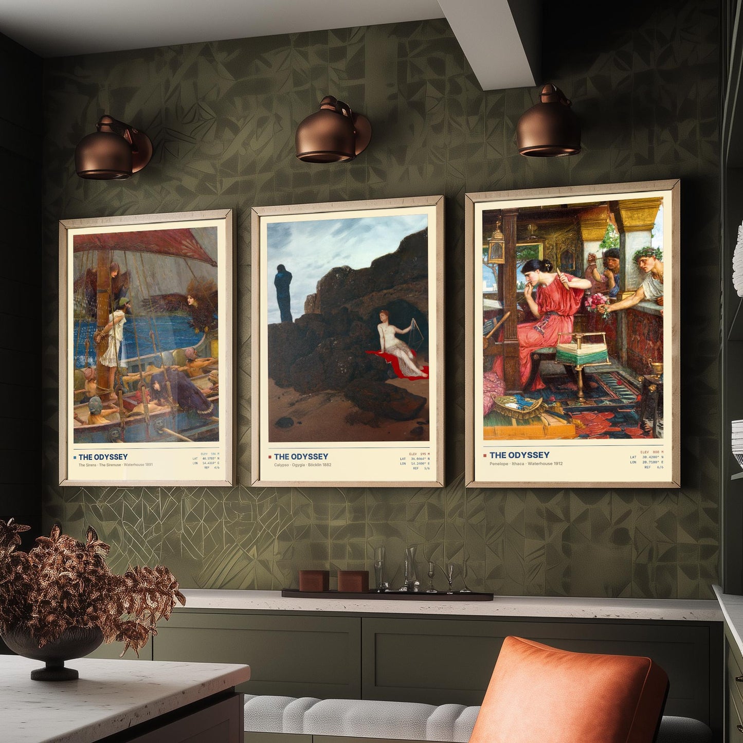 The Odyssey Set of Three Art Prints - Sirens, Calypso, Penelope - Waterhouse and Bocklin Gallery Posters - Greek Mythology Paintings