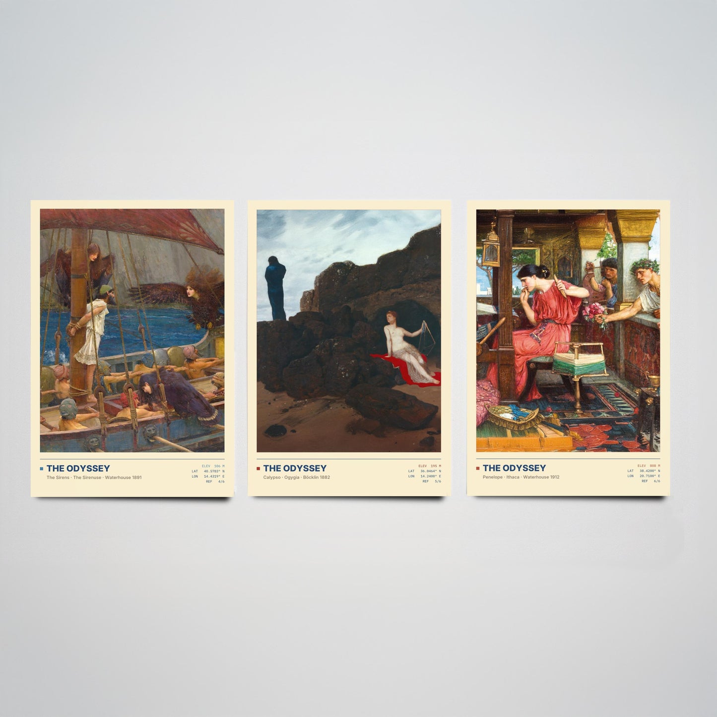 The Odyssey Set of Three Art Prints - Sirens, Calypso, Penelope - Waterhouse and Bocklin Gallery Posters - Greek Mythology Paintings