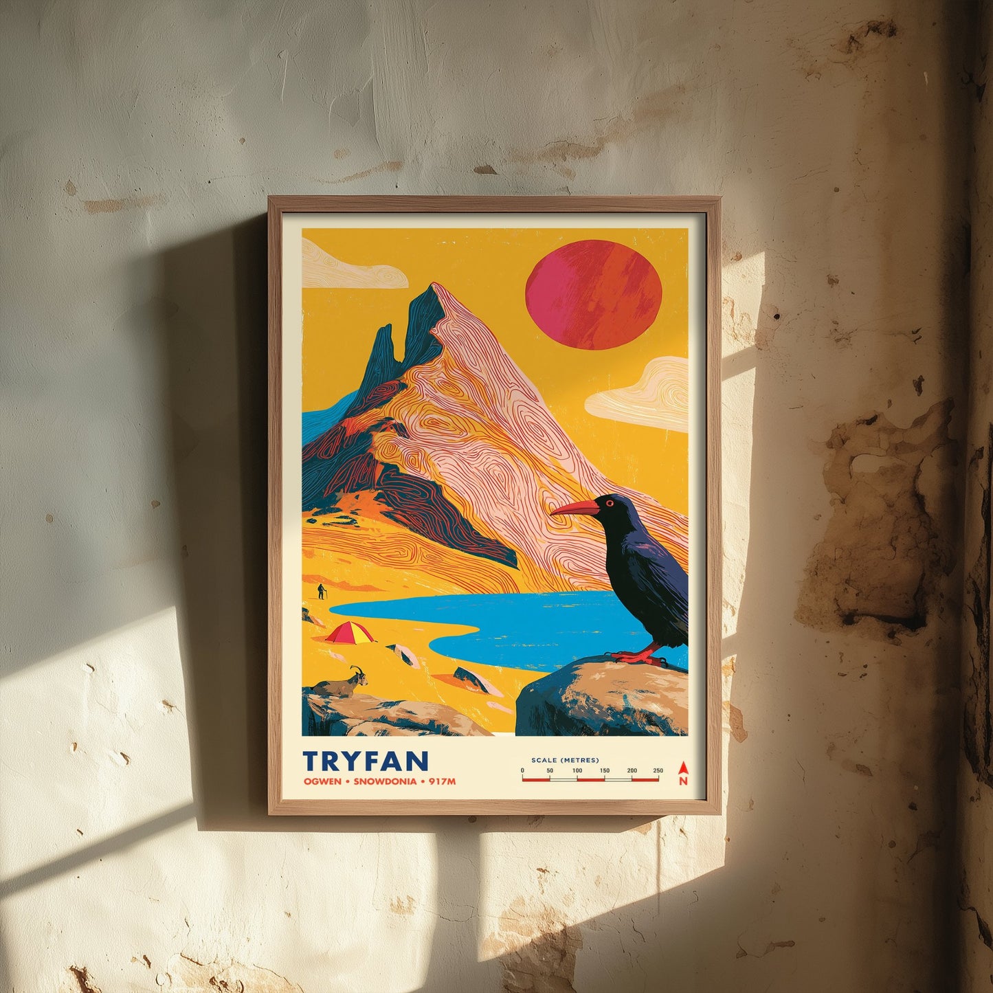 Tryfan Snowdonia Travel Poster - Ogwen Valley Art Print - Vibrant Mountain Illustration - Eryri Wales Scramble 1/3