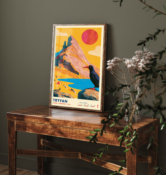 Tryfan Snowdonia Travel Poster - Ogwen Valley Art Print - Vibrant Mountain Illustration - Eryri Wales Scramble 1/3