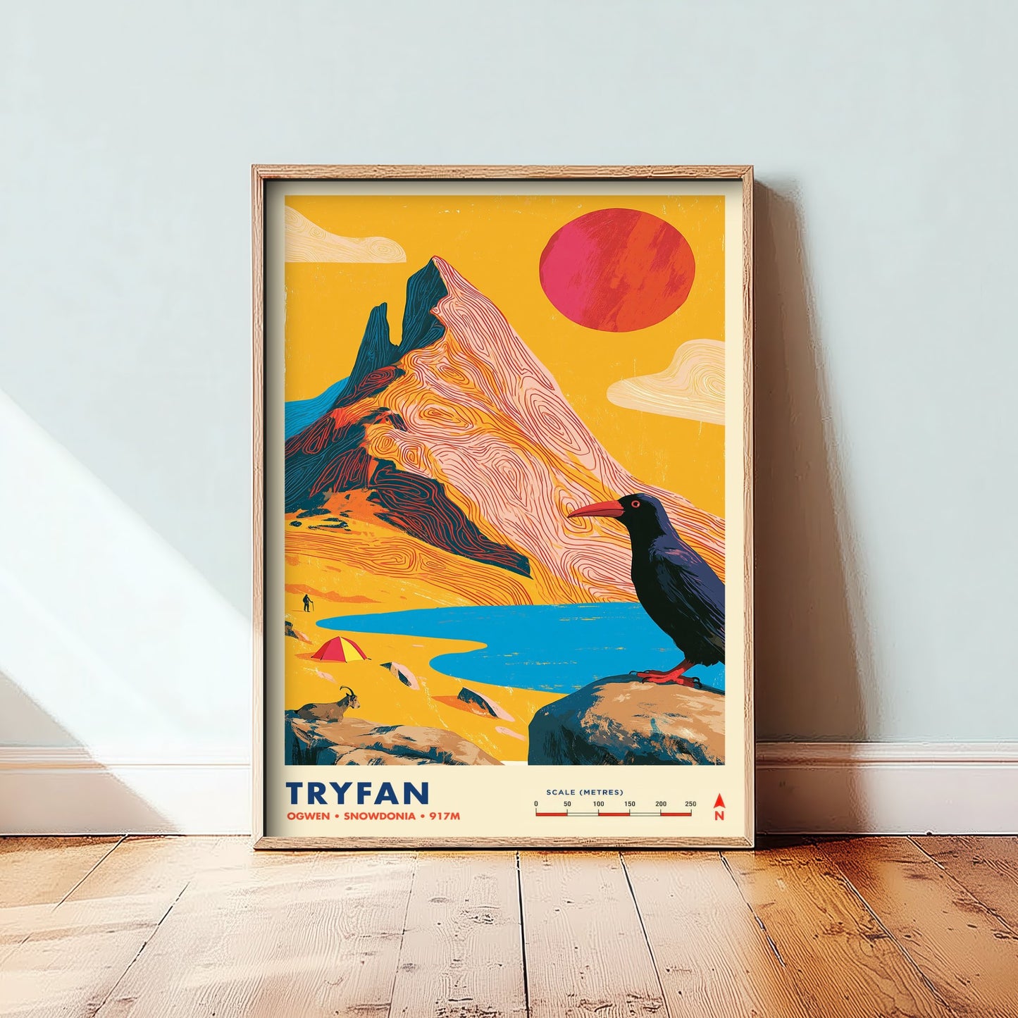 Tryfan Snowdonia Travel Poster - Ogwen Valley Art Print - Vibrant Mountain Illustration - Eryri Wales Scramble 1/3