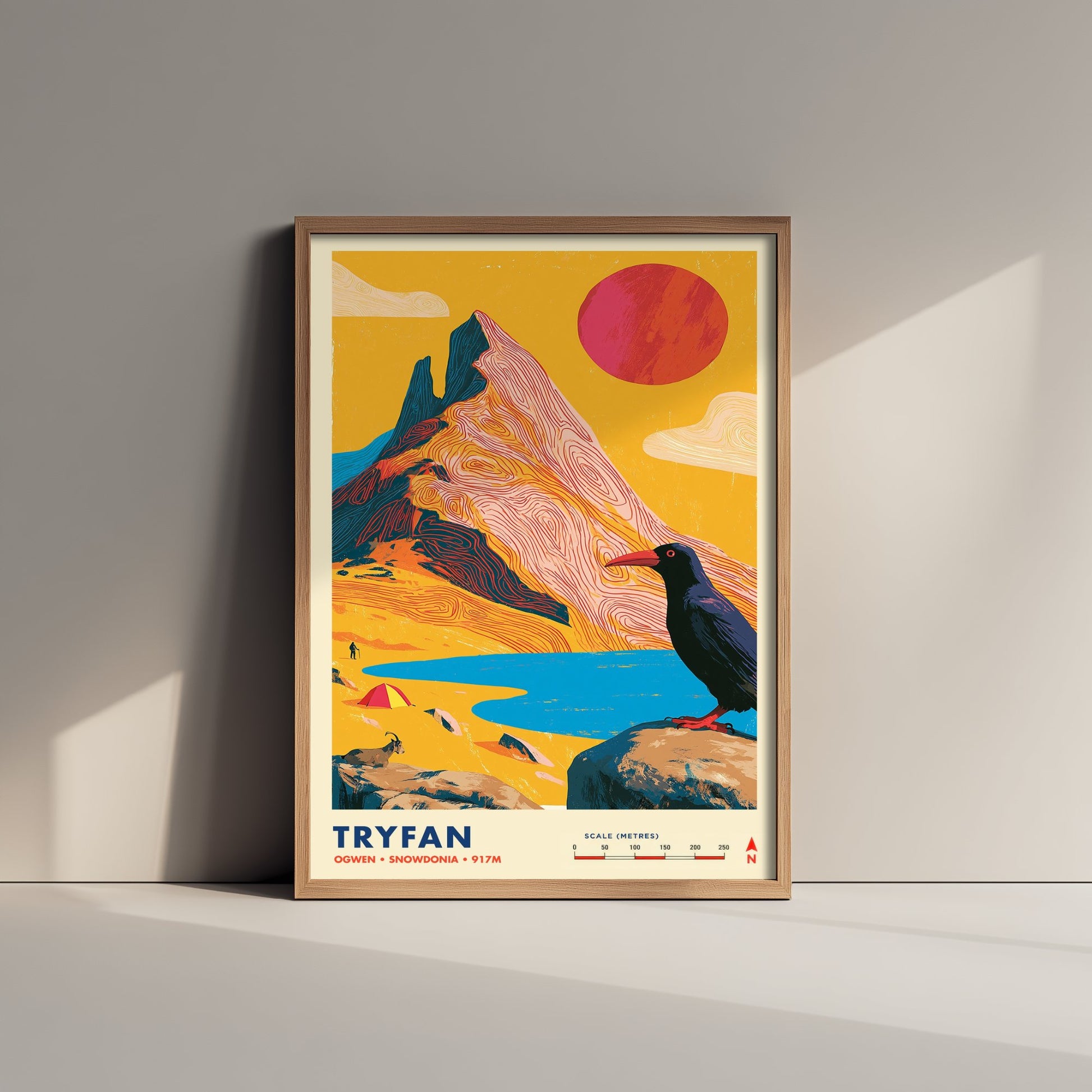 Tryfan Snowdonia Travel Poster - Ogwen Valley Art Print - Vibrant Mountain Illustration - Eryri Wales Scramble 1/3