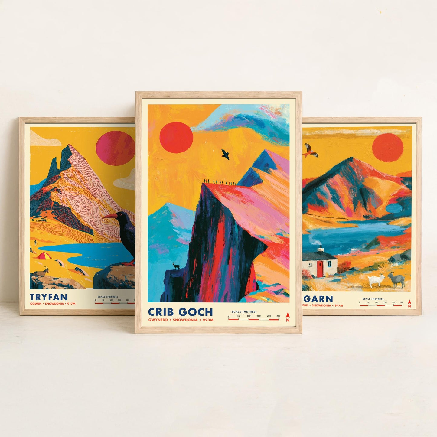 Ogwen Valley Set of Three Travel Posters - Tryfan, Y Garn, Crib Goch - Vibrant Snowdonia Art Print Illustration Gift Wales