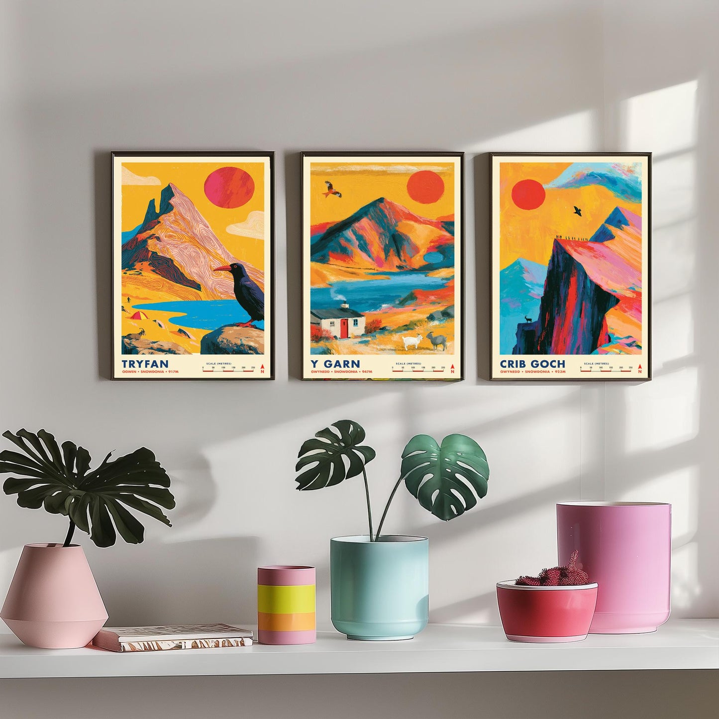 Ogwen Valley Set of Three Travel Posters - Tryfan, Y Garn, Crib Goch - Vibrant Snowdonia Art Print Illustration Gift Wales